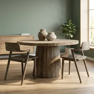 Round Wooden Dining <b>Table</b> Rustic Modern Design Solid <b>Wood</b> <b>Top</b> Handmade Home Furniture - Product Image 5