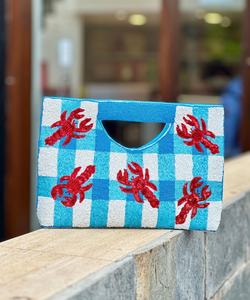 Bolso Rectangular Lavable de Algodón con Cuentas de Vidrio Bordadas a Mano, Diseño a Cuadros Azul y Blanco con Patrón de Cangrejo Rojo, ALI FASHION ART - Product Image 2