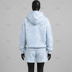 Conjunto de Sudadera con Capucha y Pantalones Cortos Azul Claro con Lavado Ácido, Ecológico, con Patrón de Cruz Bordado, Chándal Casual de Dos Piezas para Invierno - Product Image 3