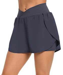 Jupe-short drapée taille haute pour femme, couleur unie, short sportif en tricot à séchage rapide avec ceinture élastique, violet clair - Product Image 3