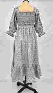 Ladies Grey Black Printed Smocking <b>Dress</b> Square Neck Puff Sleeve Midi Length Casual Cotton Summer A-Line Silhouette Breathable - Product Image 2