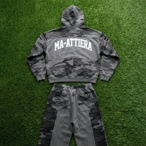 Ensemble de survêtement pour homme gris et noir camouflage avec sweat à capuche zippé, coupe ample, jambe large, style streetwear, design à empiècements, personnalisable OEM ODM - Product Image 5