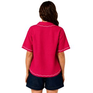<b>Red</b> Floral Embroidered Women Short Sleeve Button Up Shirt Casual Summer Cotton <b>Blouse</b> With Collar Custom Fashion Tops OEM Style - Product Image 2