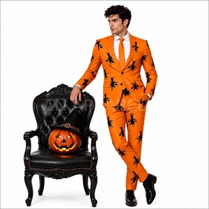 Men's Halloween Suit Orange Pumpkin Witch Print 2-Piece Costume, Spooky <b>Blazer</b> & Pants, Party Cosplay Outfit for Men - Product Image 4