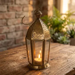 Farol Hexagonal de Latón con Paneles de Vidrio, Decoración Duradera para el Hogar - Product Image 4