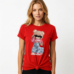 Camiseta Casual de Cuello Redondo para Mujer con Estampado de Personaje de Oso, Corte Regular, Manga Corta, 100% Algodón Jersey - Product Image 4
