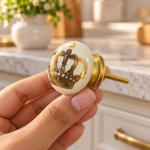 SHUBHAM Luxury Ivory <b>Ceramic</b> Cabinet <b>Knob</b> with Gold Crown Design – Decorative Furniture Drawer Wardrobe <b>Cupboard</b> Handle - Product Image 4