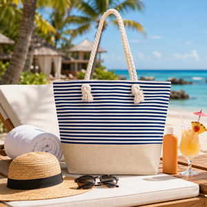 Sac de plage en toile de jute rayée de qualité supérieure |   Sac de courses réutilisable écologique avec poignées en corde, fermeture éclair et logo personnalisé - Product Image 4