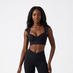 Soutien-gorge de sport dos nageur à col en V profond pour femme, maintien moyen, vêtement de yoga, couleur unie noire, débardeur court sans manches - Product Image 6