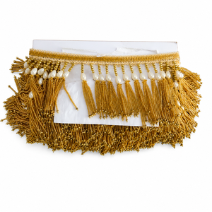 Ribete de encaje con flecos de cuentas doradas, borde decorativo de perlas acrílicas, borla de lujo tradicional hecha a mano para prendas, cortinas y decoración del hogar. - Product Image 1