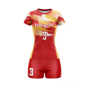 Ensemble d'uniformes de volley-ball personnalisés pour femmes, design éclaboussures d'eau rouge et jaune, manches courtes, kit professionnel - Product Image 2