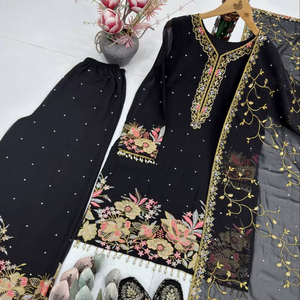 ชุดคุรตา/คุรตีงานปักหนักประดับมุกทำมือ พร้อมขอบลูกไม้แฟนซี ผ้าซาตินไหมคุณภาพสูง สำหรับงานปาร์ตี้และงานแต่งงาน - Product Image 1