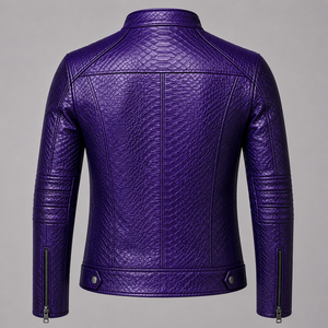 Purple Crocodile Embossed Leather Moto Jacket <b>Men</b> Slim Fit Stand Collar Zipper Closure Regular Sleeve Autumn Style - Product Image 1
