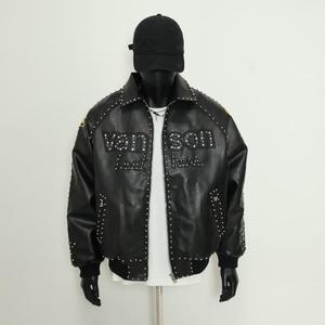 Men Varsity Jacket Black Studded Letter Print Turn <b>Down</b> Collar Zipper Faux Leather Retro Casual Streetwear Varsity Jacket - Product Image 1
