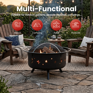 Large Decorative Outdoor <b>Fire</b> <b>Pit</b> Bronze Wood Burning Round Firepit Moon Star Cutout with Spark Guard FP011 - Product Image 5