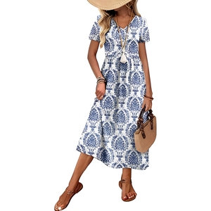 Vestido midi informal de verano con corte relajado y corte en A para mujer con bolsillos - Product Image 2