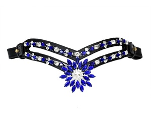 Diadema de Cuero Negro de Doble Fila de Primera Calidad con Centro de Cristal Azul Zafiro para Brida de Caballo - Product Image 6