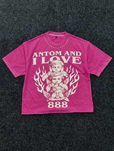 Camiseta Gráfica Personalizada Rosa de Pedrería de Alto Gramaje, Estilo Y2K Oversize con Estampado Hinchado de Ángel, para Hombre, de Corte Cuadrado, Estilo Streetwear, Venta al por Mayor - Product Image 6