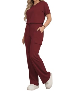 Ensemble pantalon pour femme : haut à manches courtes à col rond de couleur unie de style décontracté et pantalon long polyvalent à taille élastique pour tous les jours - Product Image 5