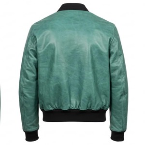 Chaqueta bomber de cuero verde para hombre, abrigo con cremallera de piel de oveja auténtica, chaqueta de vuelo vintage, ropa exterior informal con cintura acanalada - Product Image 2