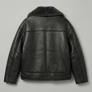 Chaqueta Bomber Negra de Piel de Oveja |   Chaqueta de Cuero Estilo Aviador para Invierno |   Fabricante de Marca Privada OEM Personalizado - Product Image 2