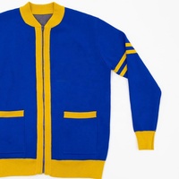 Cardigan tricoté bleu pour femme, style sororité grecque, col en V contrastant jaune, manches longues, broderie hiver, boutons, OEM