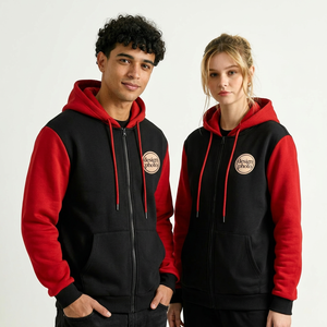 Sudadera con capucha unisex roja y negra con mangas raglán, cierre de cremallera, forro polar, bolsillo frontal con logo, estilo casual para otoño, hecha en Bangladesh. - Product Image 3