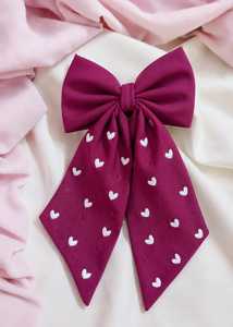 Custom Cotton Embroidered Heart Hair <b>Bow</b> Oversized Long Tail Ribbon <b>Bow</b> Hair <b>Clip</b> for Girls Women Fashion Hair Accessory - Product Image 2