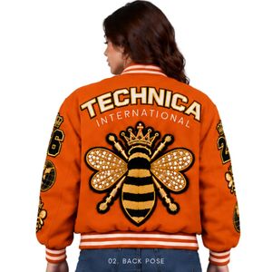 Bright Orange Womens Varsity Bomber Jacket Embroidered Patch Baseball Style <b>Long</b> Sleeve Streetwear Casual College Outerwear <b>Coat</b> - Product Image 3