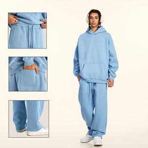 Ensemble survêtement unisexe bleu ciel personnalisé, sweat à capuche oversize et pantalon de jogging en molleton de coton à coupe décontractée et jambe large, style streetwear - Product Image 1