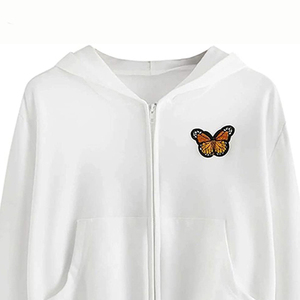 Sudadera Corta con Capucha para Mujer, Color Blanco, con Bordado de Mariposa, Bolsillos Delanteros, Estilo Casual para Otoño, 100% Algodón Tejido, Manga Larga - Product Image 3