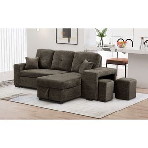 Divano letto angolare a L estraibile reversibile con mensola laterale e 2 sgabelli, divano letto componibile reversibile con contenitore - Product Image 2