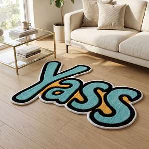 Alfombra de Lana Tejida a Mano con Tipografía Única Yass, Antideslizante, Diseño en Azul Aguamarina y Amarillo Mostaza, Decorativa para Sala de Estar y Dormitorio - Product Image 6
