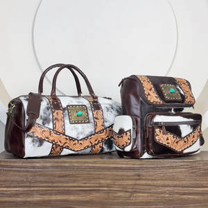 2026 Premium High Quality Hand <b>Tooled</b> Cowhide Leather Duffel <b>Bags</b> & <b>Backpack</b> Matching 2 Piece Set Unisex Travel Luggage Set - Product Image 3
