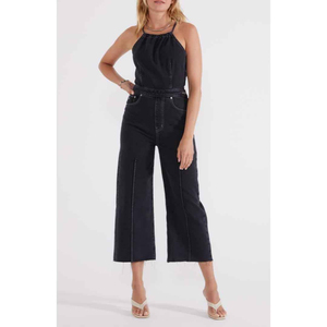 Combinaison en jean noire pour femme, taille haute, jambe large, décontractée, d'été, couleur unie, en coton délavé, respirante et écologique - Product Image 6