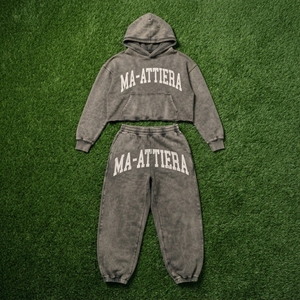 Custom Women Acid Wash Gray <b>Cropped</b> Hoodie <b>Jogger</b> Set Cotton Fleece Oversized Streetwear Tracksuit OEM Wholesale - Product Image 5