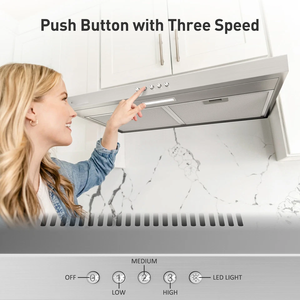 Campana extractora de cocina bajo gabinete de acero inoxidable con ventilador de 3 velocidades y luces LED plateadas - Product Image 3