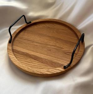 Plateau de service rond en bois de chêne avec poignées métalliques, plateau de petit-déjeuner, plateau pour café au lit, cadeau en bois fait main pour lui ou pour elle, petit-déjeuner au lit - Product Image 2