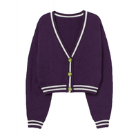 Cardigan court à col en V pour femme, manches longues, tricoté, couleur unie, style preppy, boutons verts, 100 % acrylique, pour l'automne