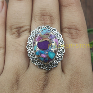 Pink Blue Copper Turquoise 925 Sterling <b>Silver</b> <b>Ring</b> Handmade Mosaic Inlay Vintage <b>Statement</b> Jewelry Women Gift for Anniversary - Product Image 2