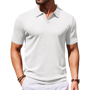 Polo à manches courtes en tricot gris clair pour homme, décontracté, couleur unie, respirant, coupe classique, tissu en coton - Product Image 3