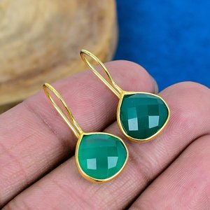 Natural Green Onyx Heart Shape Gemstone <b>Dangle</b> Hook <b>Earring</b> 18k Gold Micron Over 925 Sterling <b>Silver</b> - Product Image 1