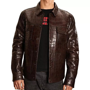 Veste en cuir PU marron gaufré pour homme, col rabattu décontracté, coupe classique, pour l'automne - Product Image 2
