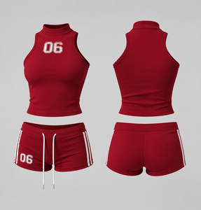 Women <b>Red</b> Sport Set Sleeveless <b>Crop</b> <b>Top</b> Shorts Custom Activewear Two Piece Gym Outfit OEM Supplier - Product Image 1