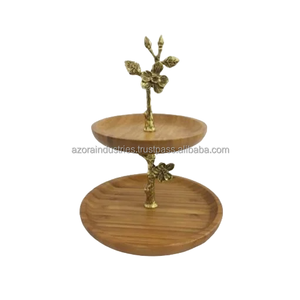 Azora Industries Porte-gâteaux en bois de couleur marron design pour la cuisine et la pâtisserie, 2 étages, forme ronde, grand support à gâteaux en bois - Product Image 1