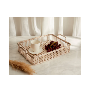 Plateau de service en rotin naturel de qualité supérieure, fabriqué à la main, avec poignées en bois, organisateur de cuisine durable en rotin pour plateaux décoratifs - Product Image 2