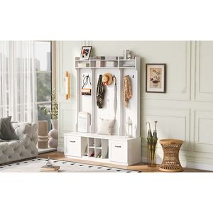 U-Can 5-en-1 porte-manteau de banc d'entrée 7 crochets robustes 2 tiroirs spacieux étagères réglables 58.8 ''de large poignées en métal d'arbre de Hall - Product Image 6