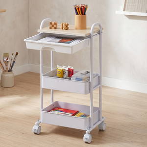 Three-Layer Plastic Rolling Storage Cart With Wooden Top Minimalist Design For Office Neatening And Organization - Product Image 2