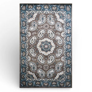 Tapis en laine noué à la main, design traditionnel Paisley, persan, écologique, bleu et marron, décoration de salon - Product Image 1