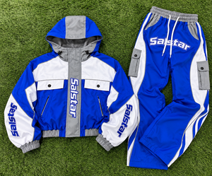 Conjunto Deportivo Urbano Azul y Blanco para Mujer, Chaqueta Corta con Logotipo Personalizado y Pantalones Cargo, Conjunto Deportivo a la Moda - Product Image 6